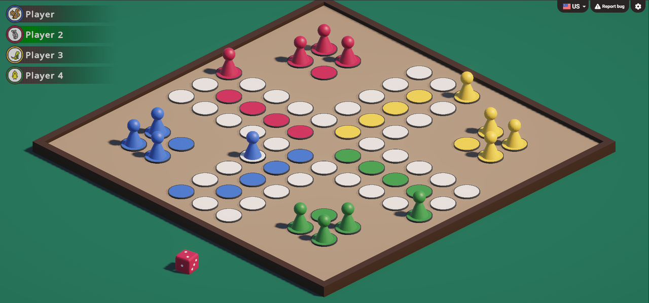 Capture d'écran de Four to Goal : plateau 3D avec des pions bleus, rouges, jaunes et verts, la liste des quatre joueurs à gauche et un dé rouge en bas