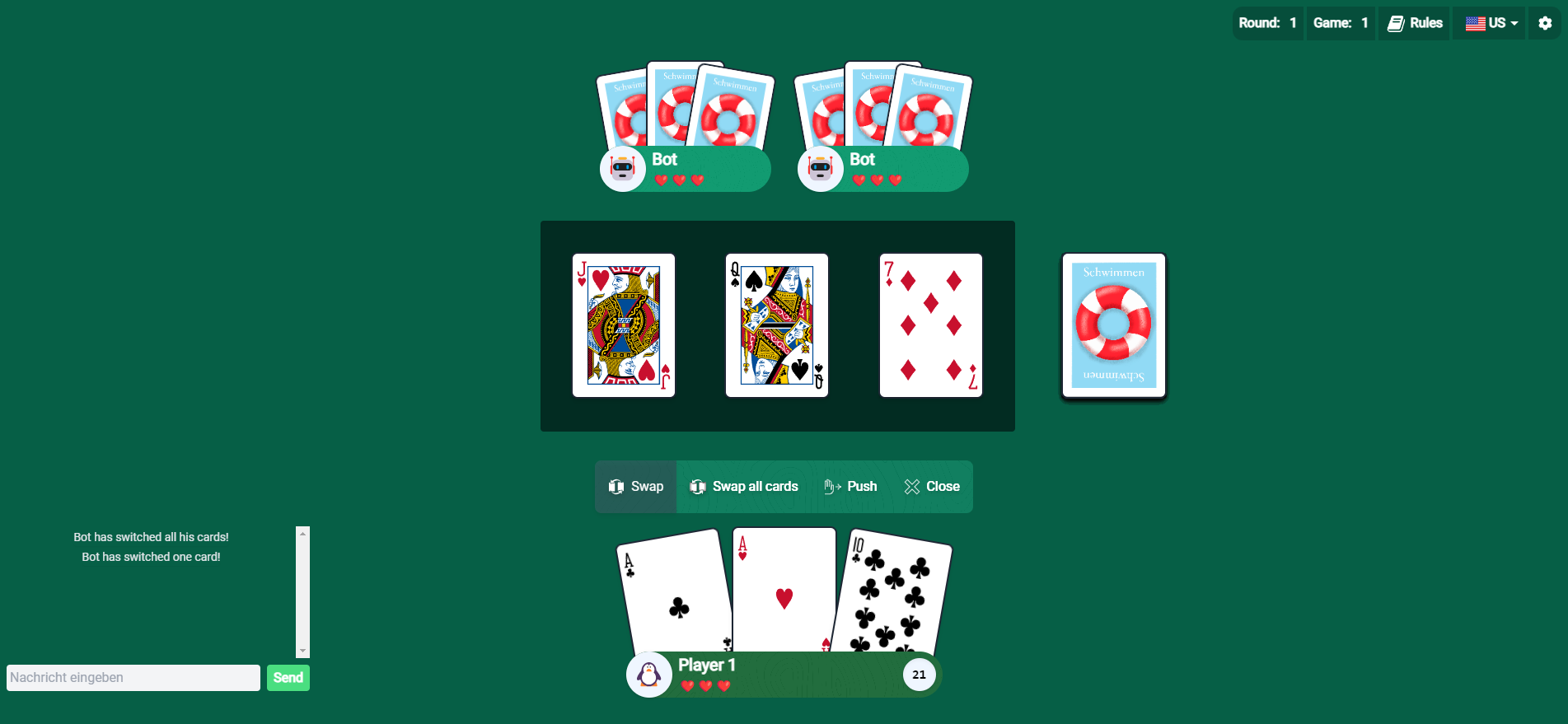 Screenshot of the 31 (Blitz/ Schwimmen) game interface: a green playing field with two bots as opponents positioned above the center, three cards and one deck in the middle, and at the bottom, Player 1 with three lives and three face-up cards in hand.