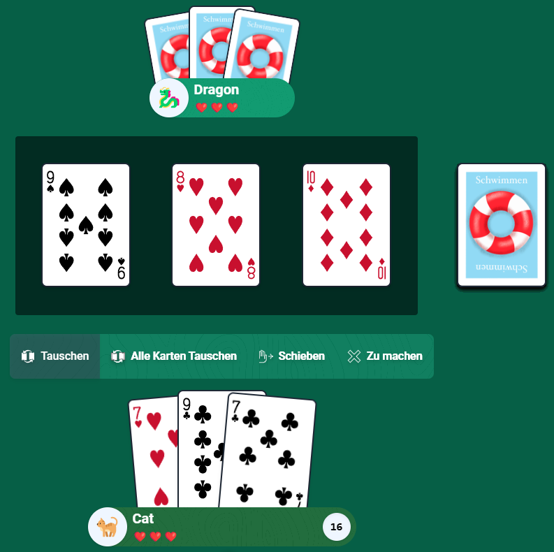 Screenshot of the multiplayer mode in the Schwimmen (31) game: A green game board with four players, each with three lives and three cards in hand, a chat box on the side, and icons for player actions, the current round, and remaining time displayed.